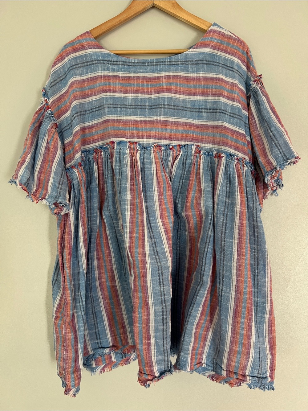 Free People Blue and Red Striped Peasant Blouse